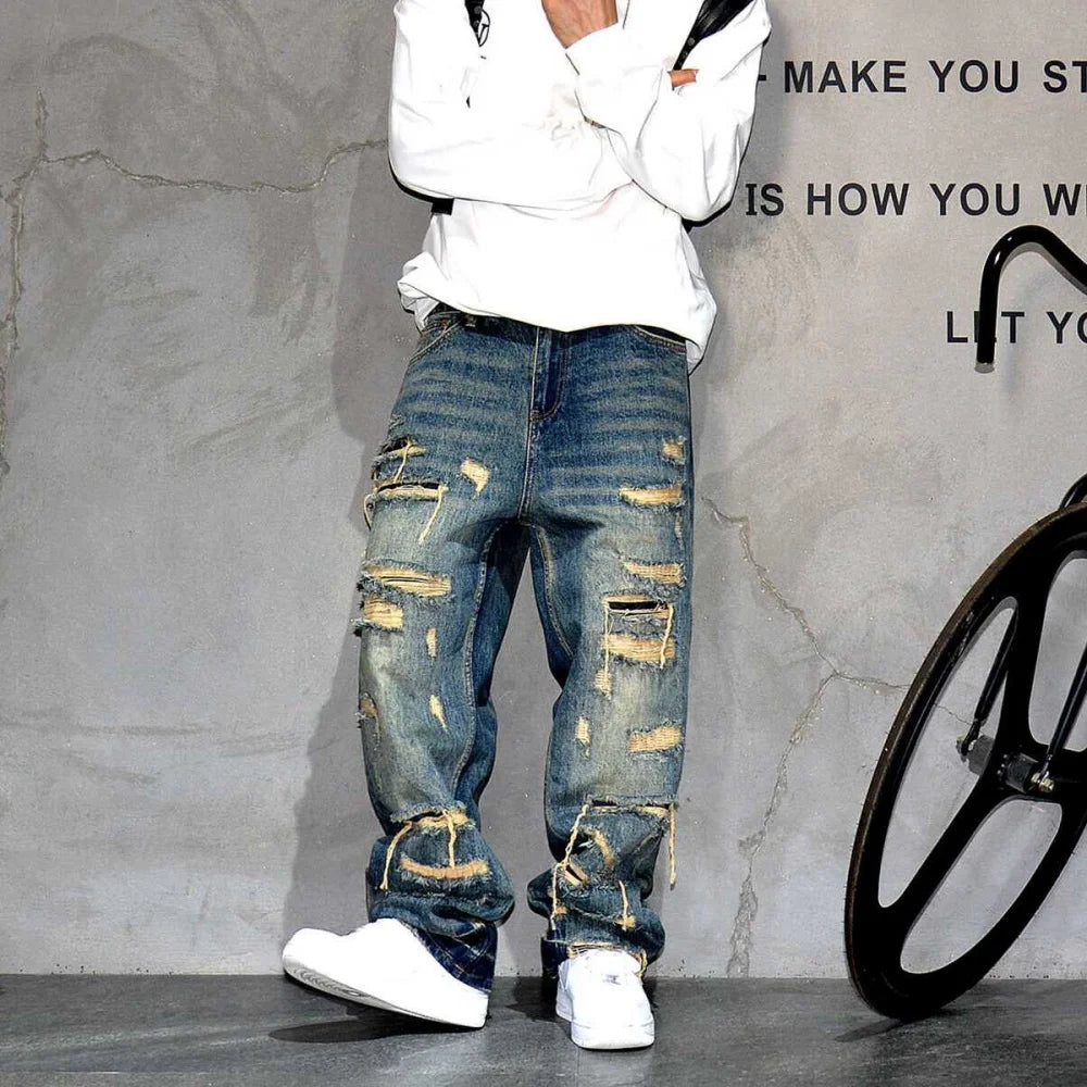 Jeans Rotos Baggy para Hombre – Pantalones Denim Distressed Streetwear Skateboard Oversize Pierna Recta con Patchwork
