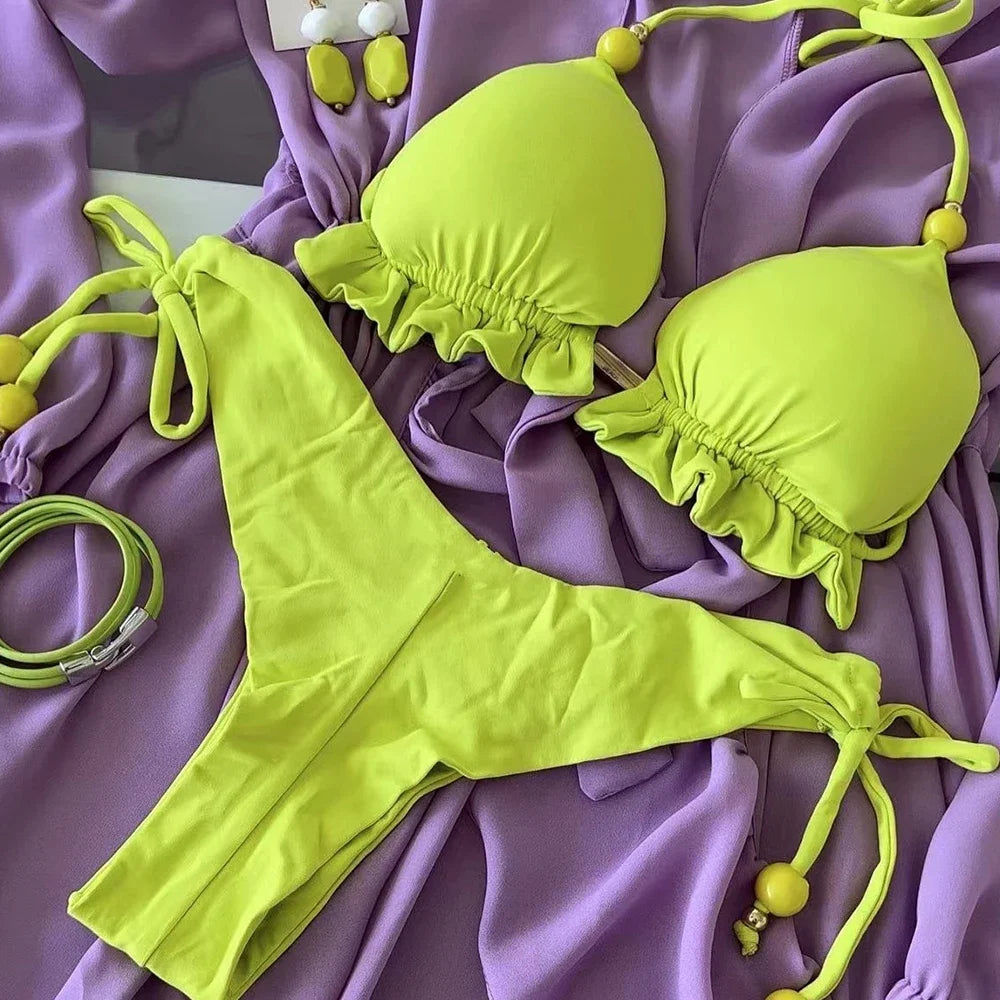 Bikini Sexy Mujer 2025 | Brasileño Push-Up Triángulo con Cadena Metálica