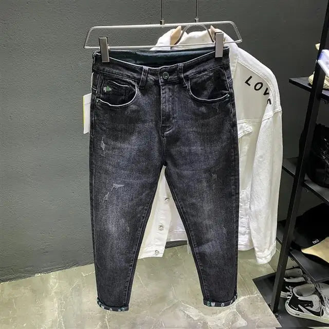 Jeans Slim Hombre Estilo Coreano con Estampado | Pantalón Vaquero Streetwear de Lujo Primavera Otoño