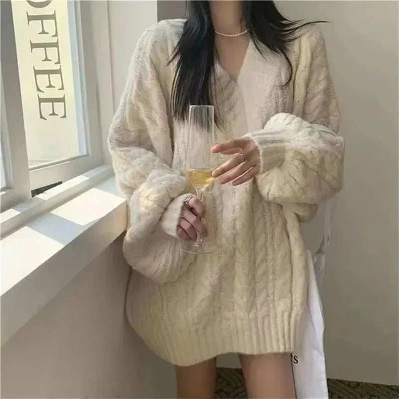 Suéter Oversize Mujer Tejido | Jersey de Punto V-Cuello Harajuku Coreano Otoño Invierno