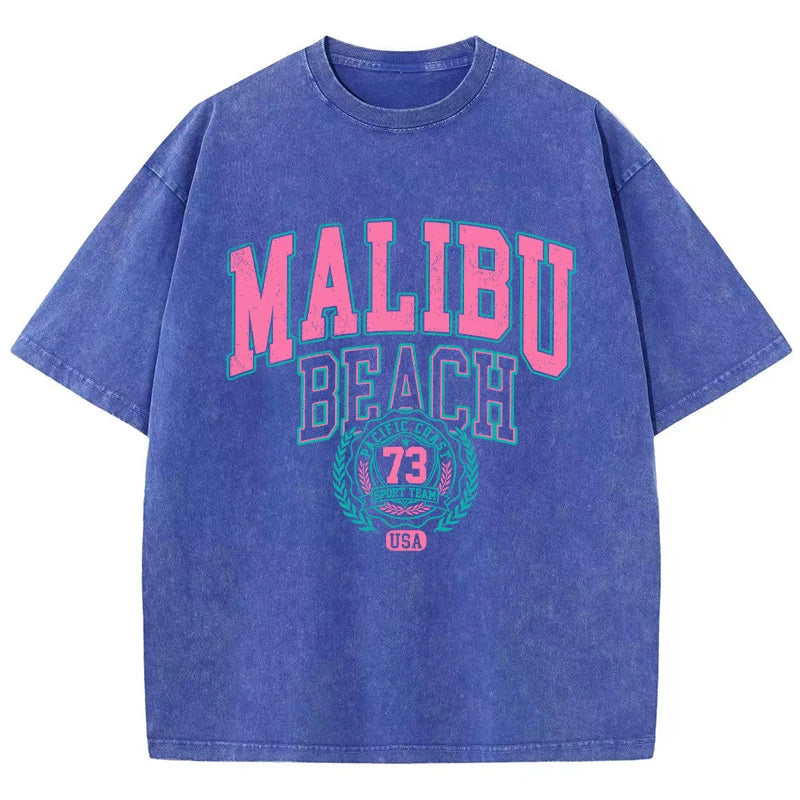 Camiseta Oversize Malibu Beach | T-Shirt Algodón Estampado Letras Estilo Lavado