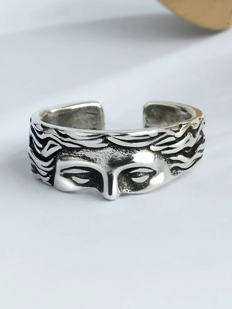 Anillo Retro para Hombre Máscara Venus – Joyería Estilo Thai en Plata Antigua con Relieve Ajustable