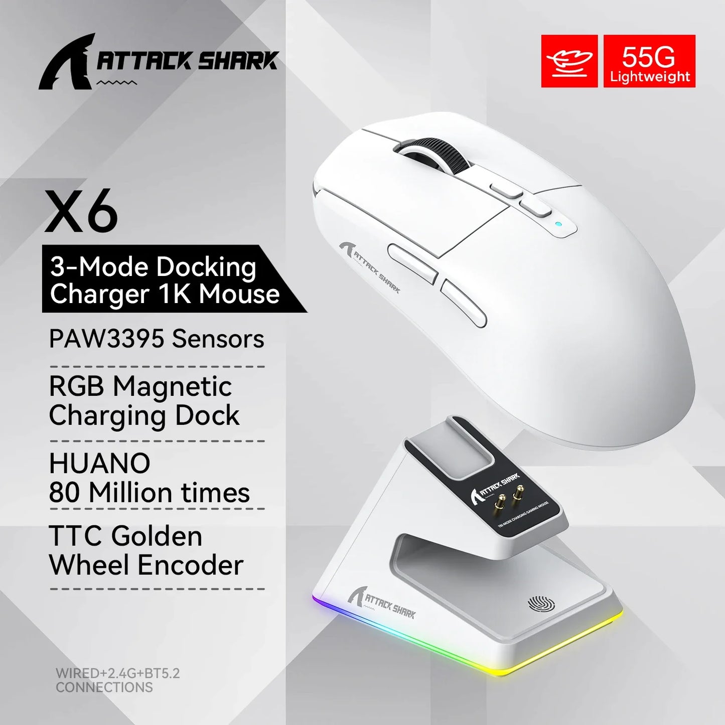 Attack Shark X6 Gaming Mouse – PAW3395, Tri-Mode Bluetooth/2.4G/Wired, RGB Base Magnética de Carga