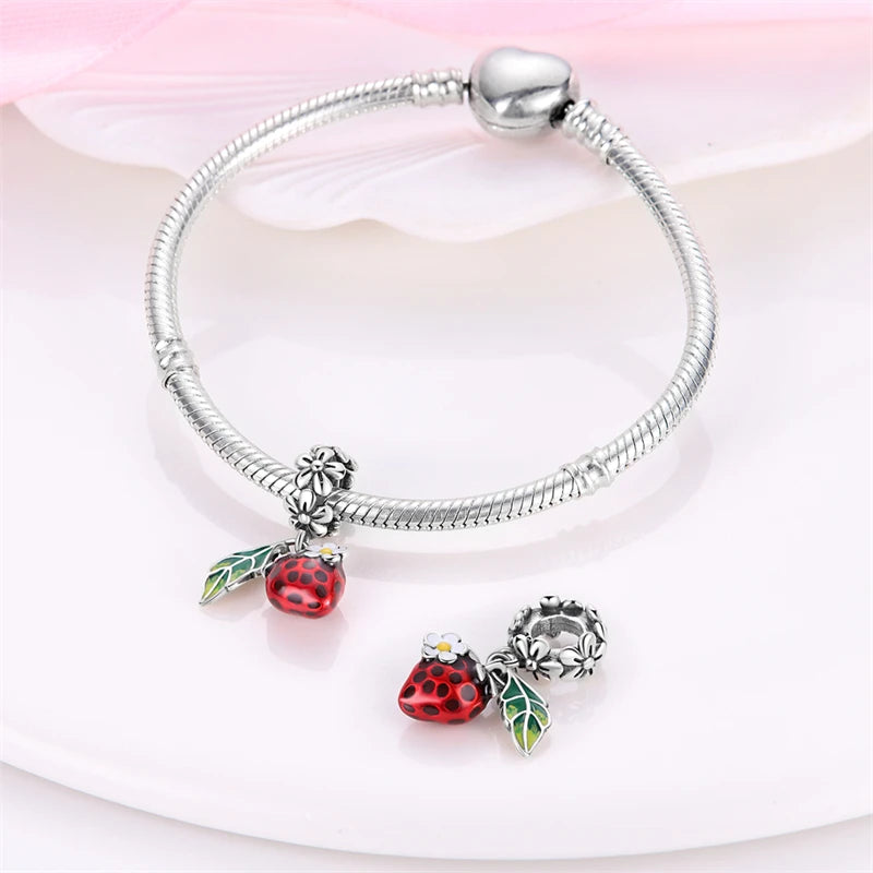 Charms de Plata 925 Frutas (Fresa, Cereza, Manzana y Aguacate) – Abalorios Coloridos para Pulseras Originales