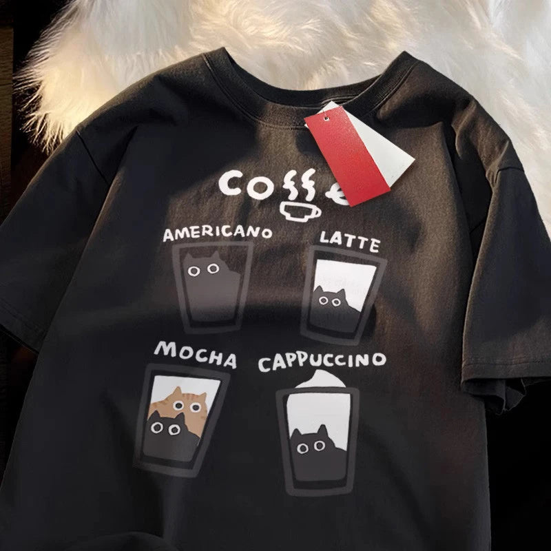 Camiseta Oversize Unisex | Estampado Gatito Café Crema Verano Streetwear