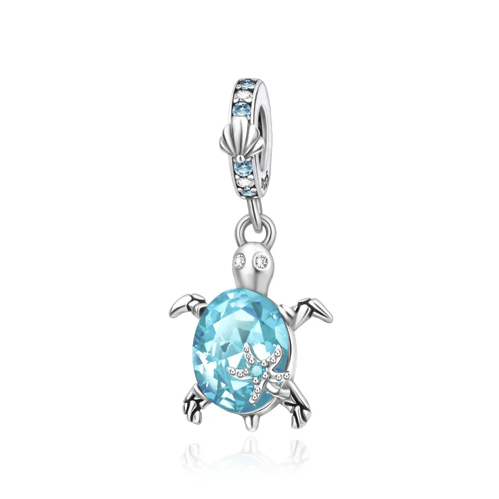 Charm Tortuga Marina con Circón Azul 925 Plata | Compatible Pandora Pulsera Mujer DIY