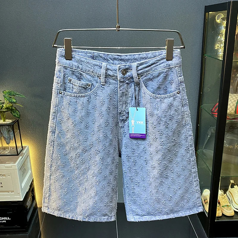 2025 new summer high-end denim shorts for men, loose straight leg oversized pants, retro embroidered five quarter pants