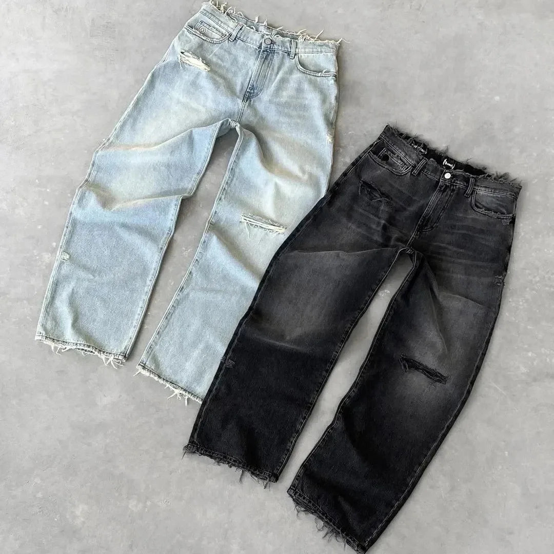 Jeans Rectos Hombre Desgastados con Rasgados | Pantalón Denim Casual Urbano 2025