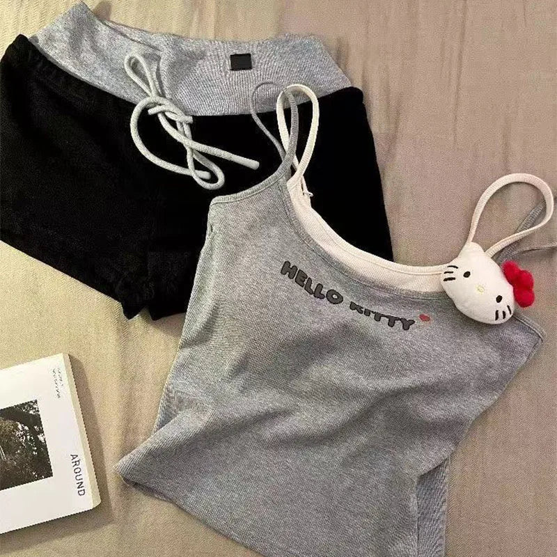 Pijama Hello Kitty Mujer 2 Piezas | Conjunto Kawaii Verano Camiseta Tirantes + Shorts con Acolchado