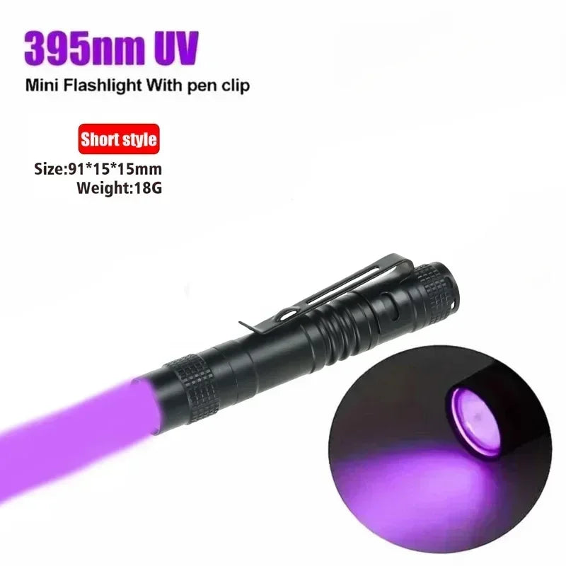 Linterna UV 395nm Portátil con Clip – Detector de Orina de Mascotas, Escorpiones y Uso Multifuncional