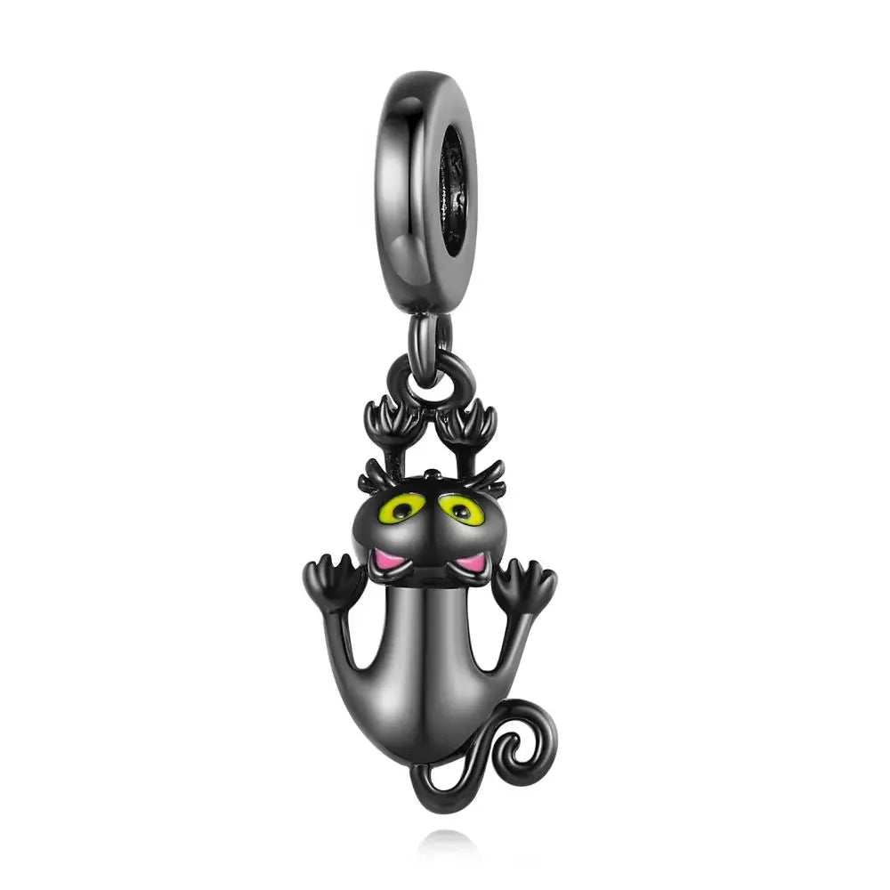 Charm gato negro de plata 925 con huella – Colgante animal para pulsera tipo Pandora, joyería DIY elegante para mujer