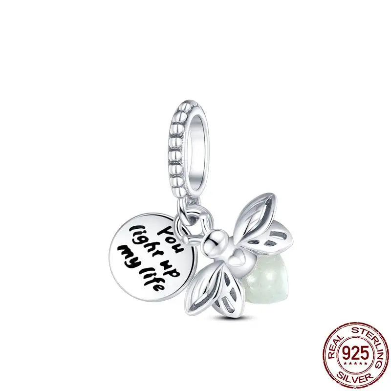 Charm camaleón y luciérnaga en plata 925 – Dije animal brillante, compatible Pandora, pulsera y collar mujer