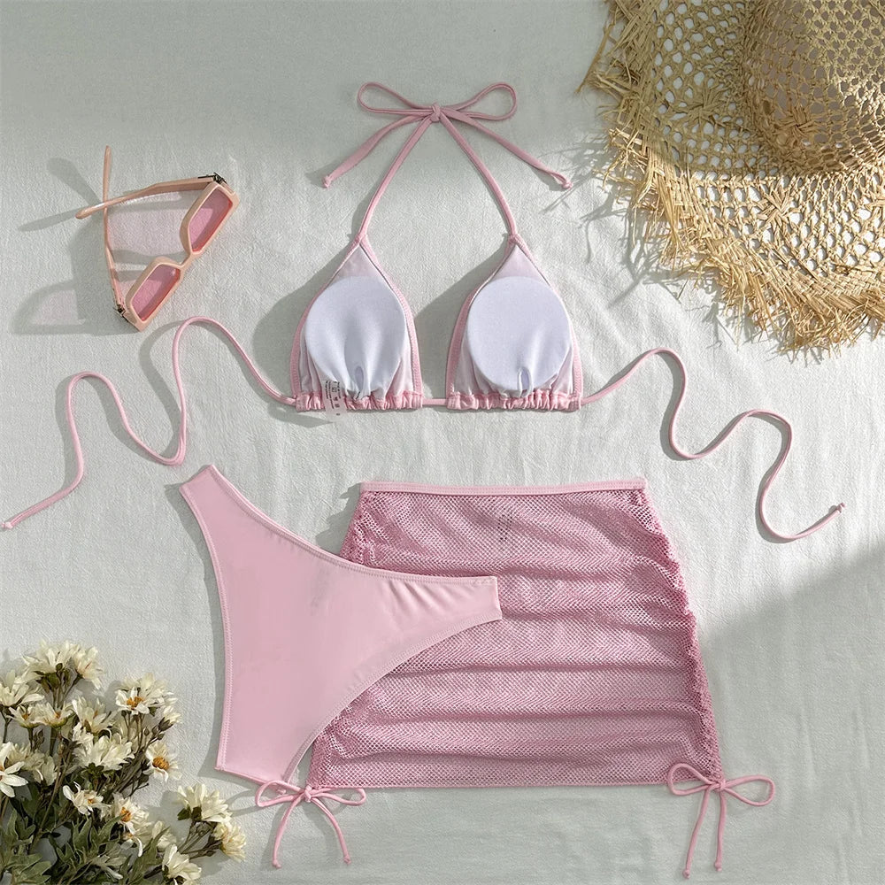 Sexy Pink Bikini Extrem String Backless Swimwear Mesh Skirt Women Push Up Swimsuit Black Y2K Thong Bikinis Beach Vacation Outfit