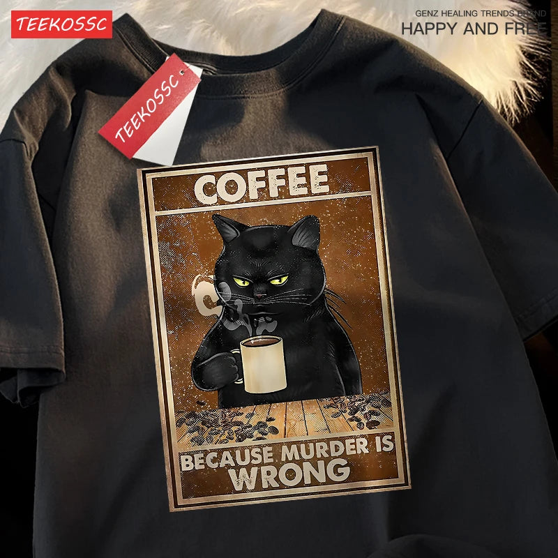 Camiseta Oversize “Because Murder Is Wrong” – T-shirt Black Cat, Algodón Transpirable, Streetwear Unisex, Manga Corta