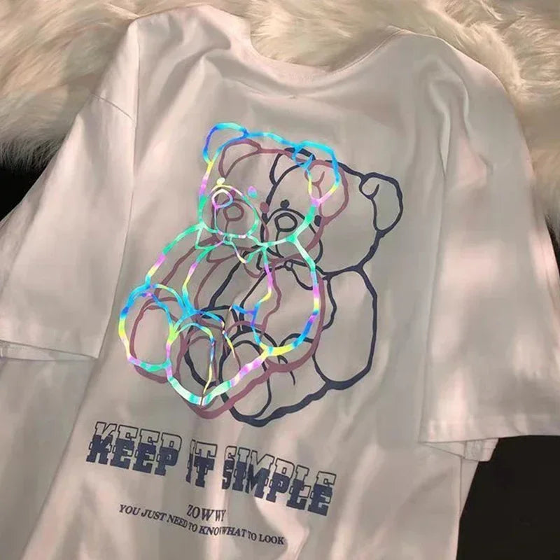 Camiseta Oversize Mujer Harajuku Gótica | Estampado Oso Gráfico Streetwear