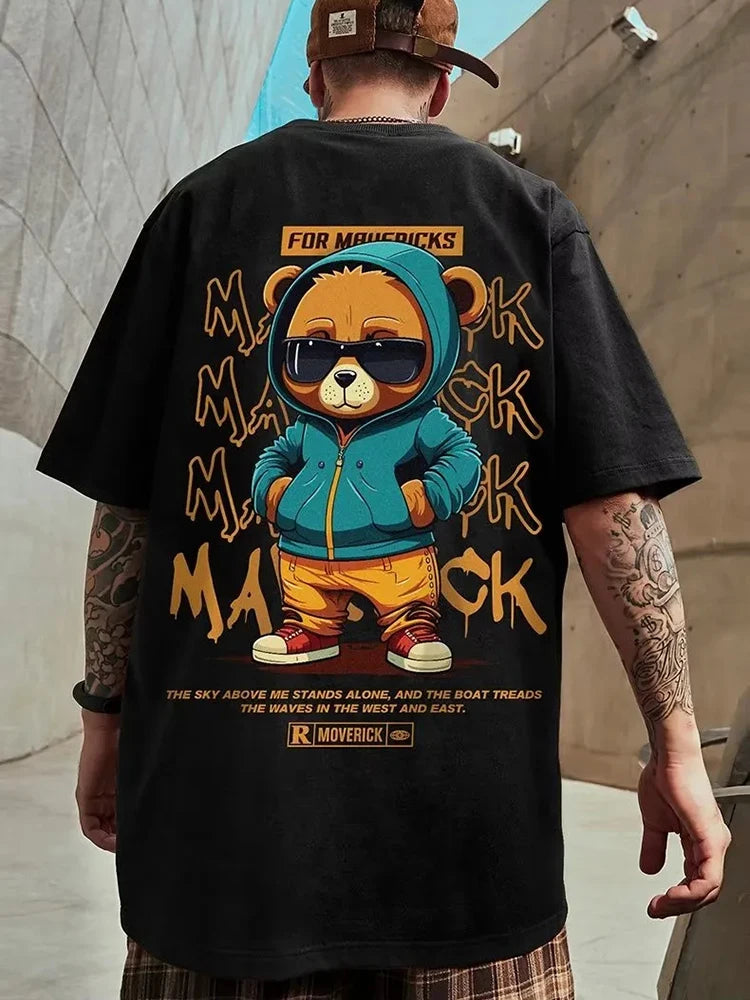 Camiseta de Algodón con Estampado de Oso – T-shirt Redonda Oversize Unisex Suelta, Transpirable y Casual