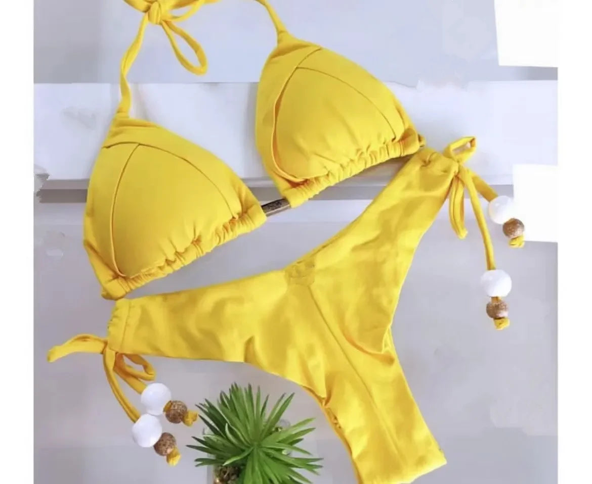 Bikini Sexy Mujer 2025 | Brasileño Push-Up Triángulo con Cadena Metálica