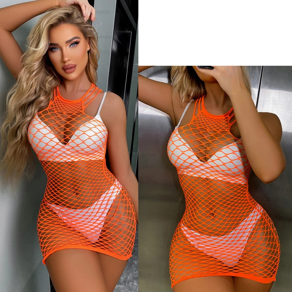 Vestido Mini Mujer 2025 | Lencería Sexy de Malla Transparente y Hollow Out