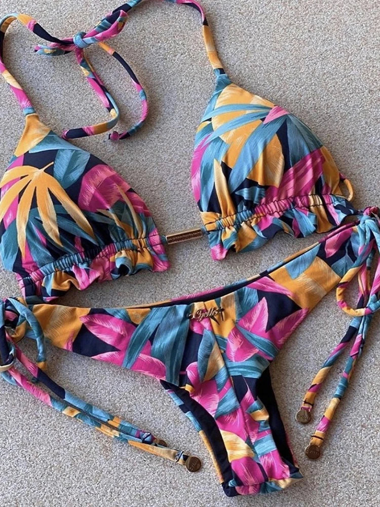 RUOTONGSEPT Micro Bikini Mujer 2025 | Estampado Plumas Bandage Brasileño