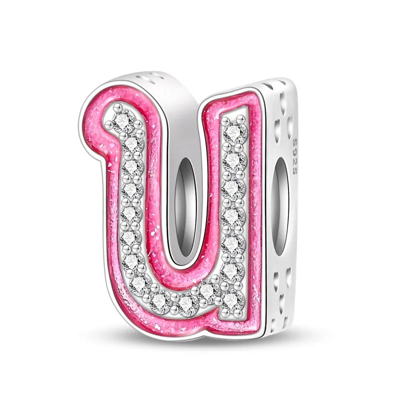 Charm letra alfabeto A-Z con circonias rosas en plata 925 – Abalorio elegante para pulseras tipo Pandora, joyería DIY personalizada