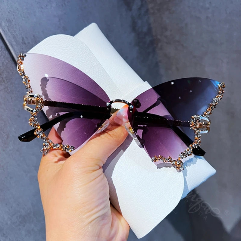 Gafas de Sol Mariposa Diamante Mujer | Vintage Y2K Oversized Rimless Eyewear de Lujo