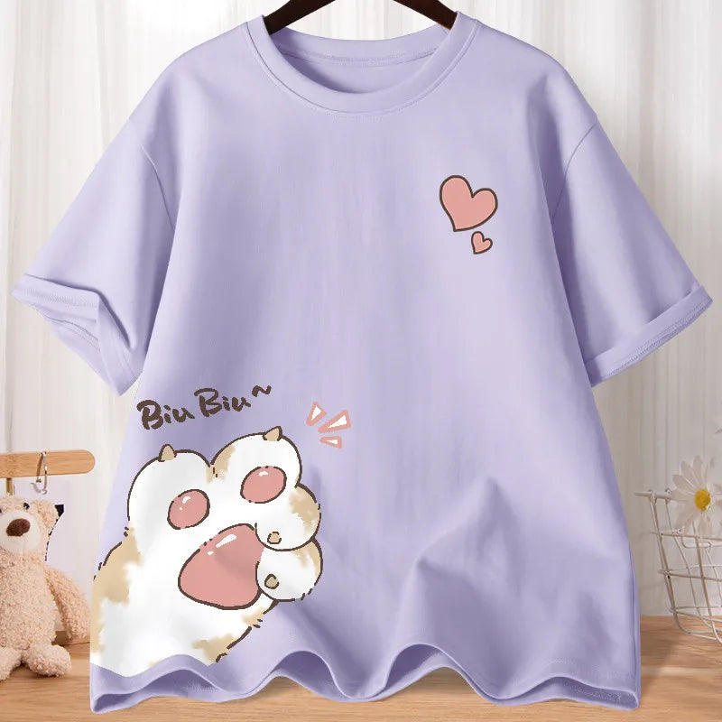 Camiseta Oversize Mujer Verano | Estampado Gatito Huella Amor Manga Media Casual