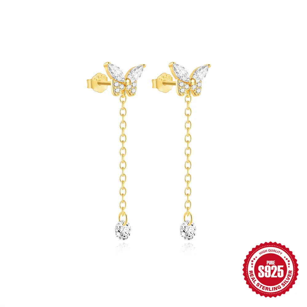 CANNER Aretes Mariposa con Borla Plata 925 | Baño Oro con Zirconia