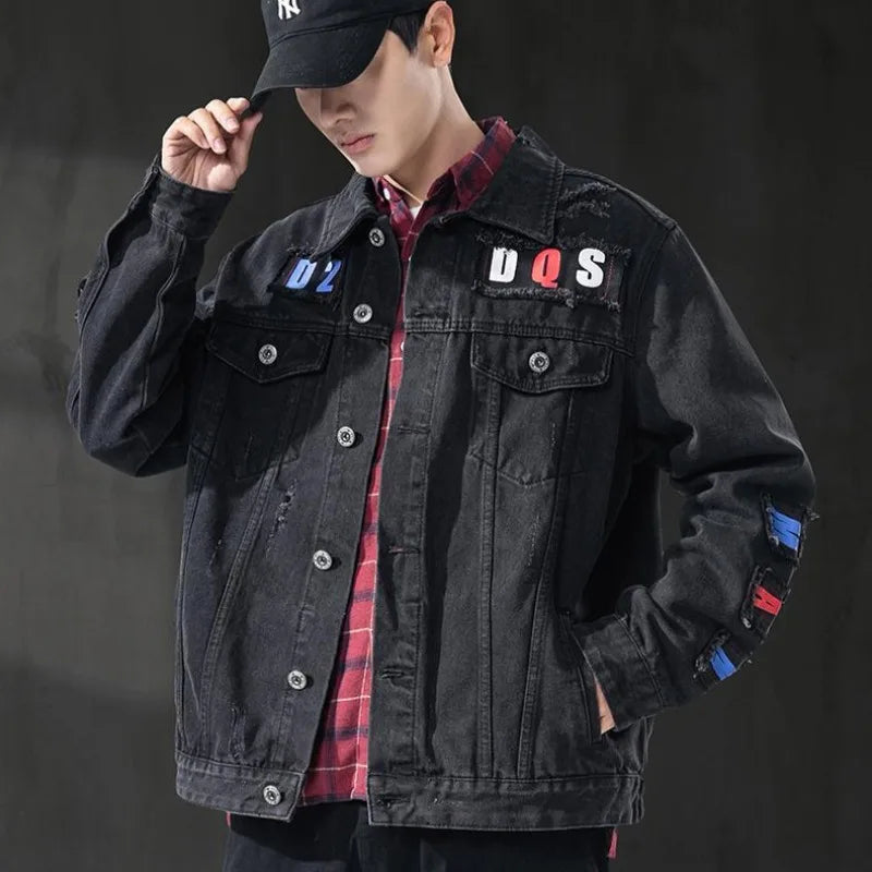 GELITAYIN Men's Denim Jacket Ripped Autumn With Hole Male Jean Coats Oversize Light Vintage Washed Elatic High Quality Low Price