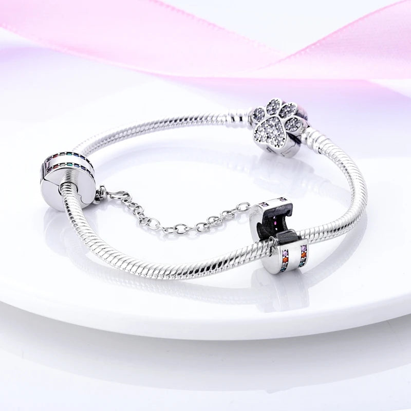 Charm Safety Chain Plata Plateada – Gato Rosa, Luna y Estrella para Pulsera o Collar DIY