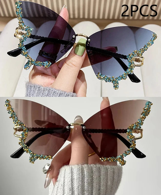 Gafas de Sol Mariposa Diamante Mujer | Vintage Y2K Oversized Rimless Eyewear de Lujo