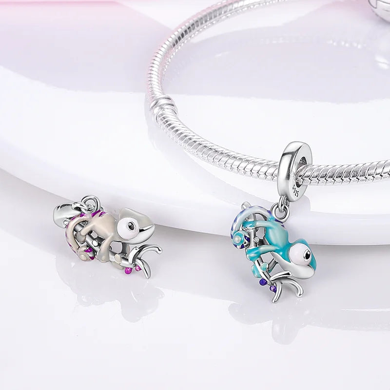 Charm camaleón y luciérnaga en plata 925 – Dije animal brillante, compatible Pandora, pulsera y collar mujer