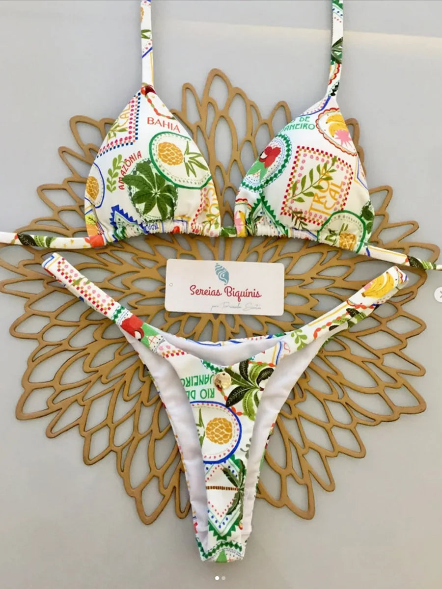Bikini Retro Mujer 2025 | Micro Brasileño Estampado con Cordones Backless