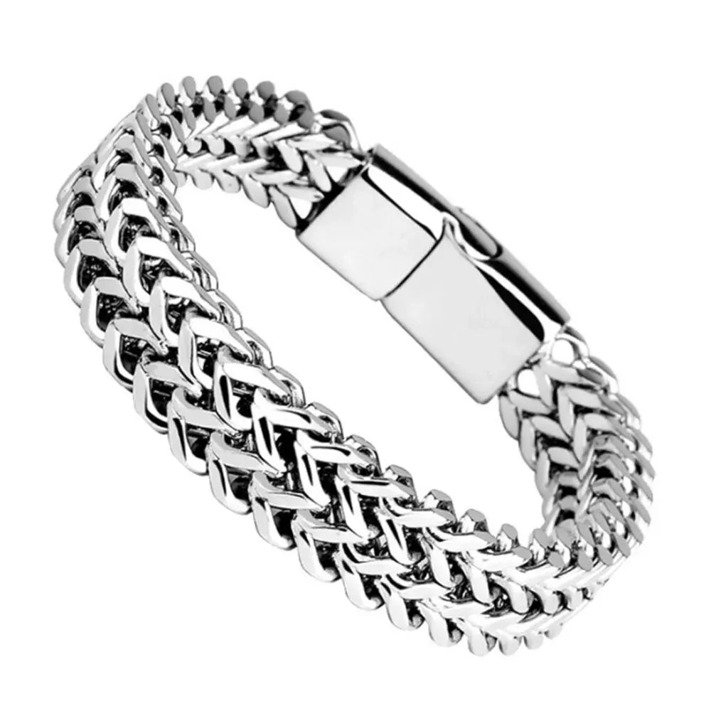 Pulsera de Acero Inoxidable Trenzado | Doble Fila Escamas de Pescado | Cierre Magnético de Aleación | Joyería Unisex Moderna