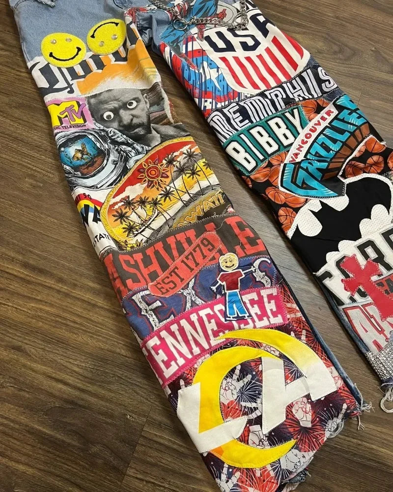Jeans Hip Hop Talle Alto con Estampado de Caricaturas – Pantalones Y2K Oversize Pierna Ancha Unisex Estilo Rock Streetwear