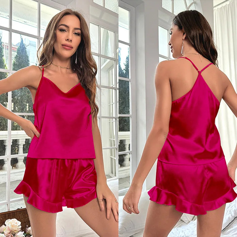 Pijama Sexy Mujer Satén y Encaje | Set 2 Piezas Top Sin Mangas + Shorts