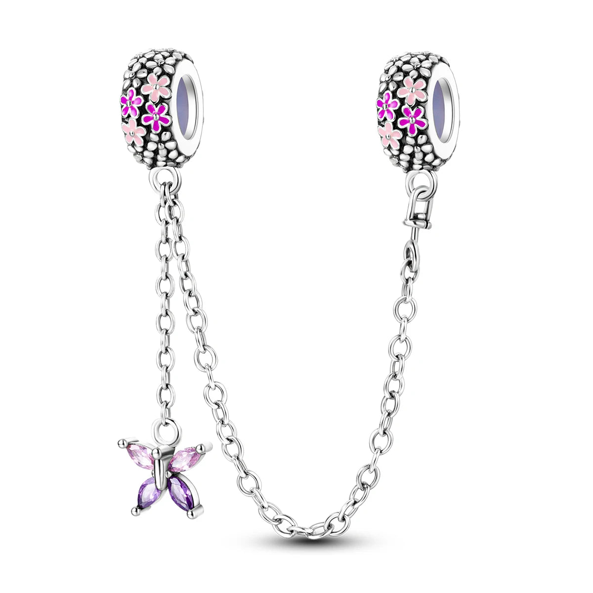 Charm Safety Chain Plata Plateada – Gato Rosa, Luna y Estrella para Pulsera o Collar DIY