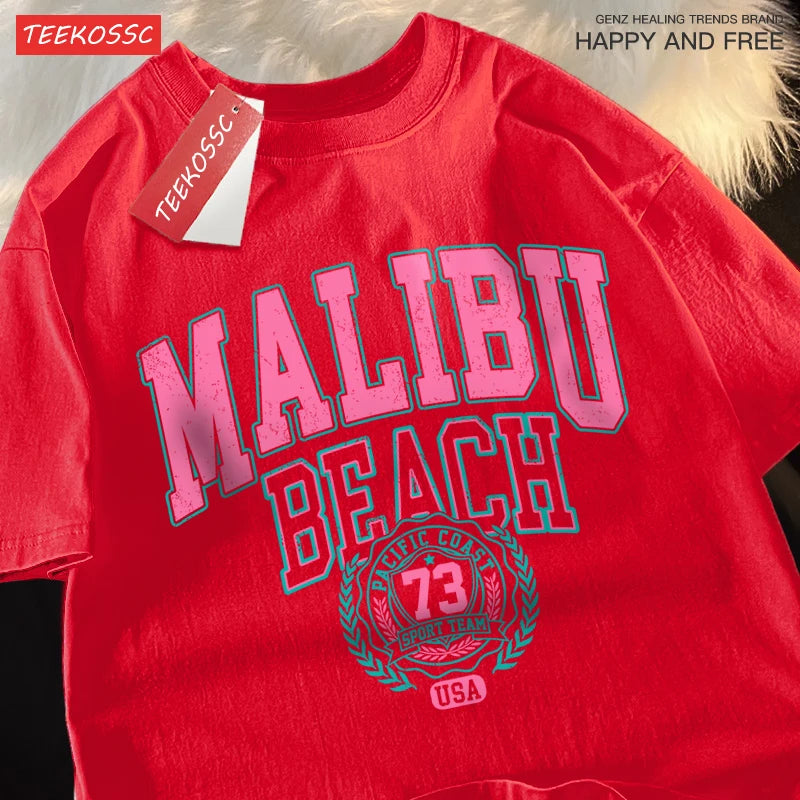 Camiseta Oversize Malibu Beach – T-shirt Casual Unisex con Estampado de Letras, Algodón, Cuello Redondo
