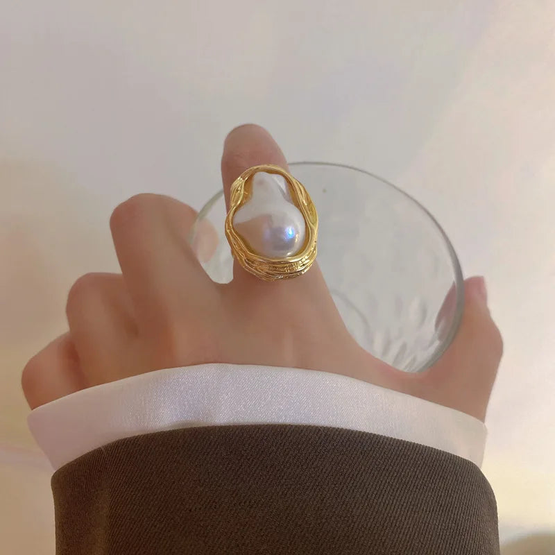 Anillo Estrella de Mar con Perla – Ajustable, Dorado, Joyería de Moda Coreana 2025