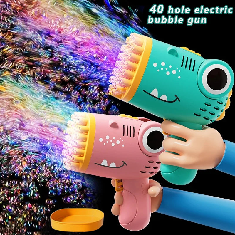 Pistola de Burbujas Eléctrica Dinosaurio 40 Agujeros – Máquina Automática Portátil de Burbujas para Niños al Aire Libre