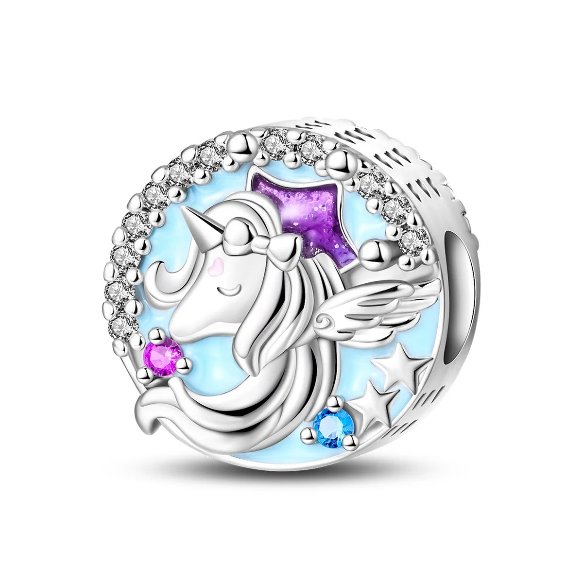 Charm de Plata 925 Trébol Azul Degradado y Flor Iris Rosa – Abalorio Elegante para Pulseras Originales