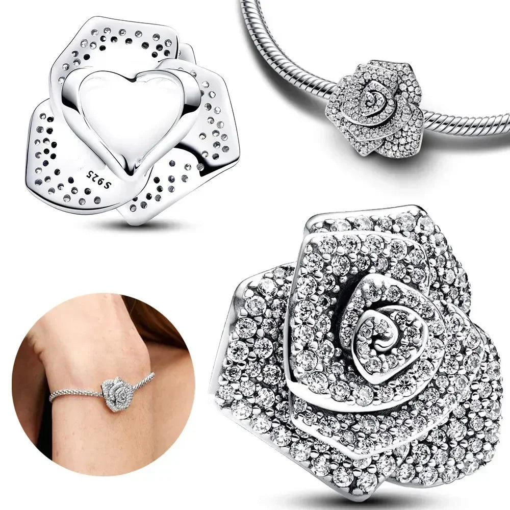 Charm Plata 925 Colgante Rosa Mariposa Corazón Flor Pájaro | Dije Para Pulsera Pandora Compatible