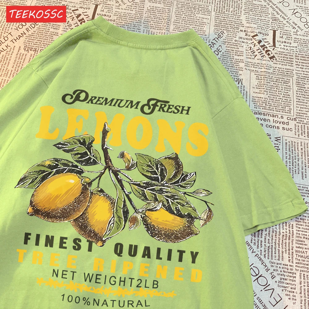 Camiseta Oversize Mujer Verano | Algodón Estampado Limones y Cerezas Casual