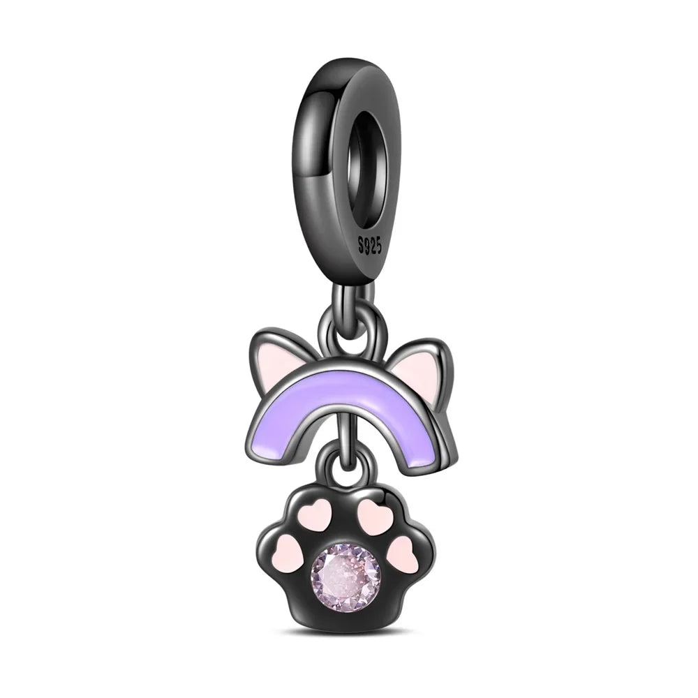 Charm gato negro de plata 925 con huella – Colgante animal para pulsera tipo Pandora, joyería DIY elegante para mujer