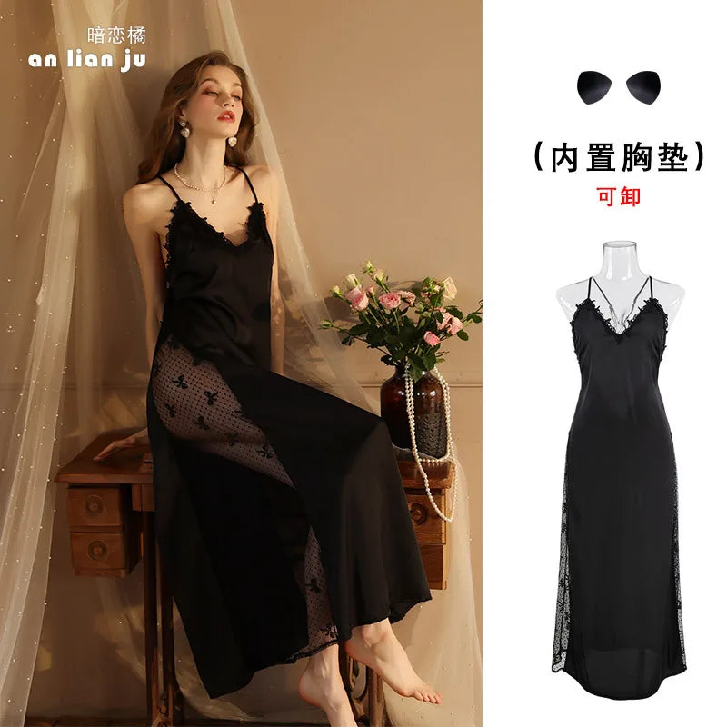 Camisón Largo Sexy Mujer | Lencería Satén Tirantes Espagueti y Encaje