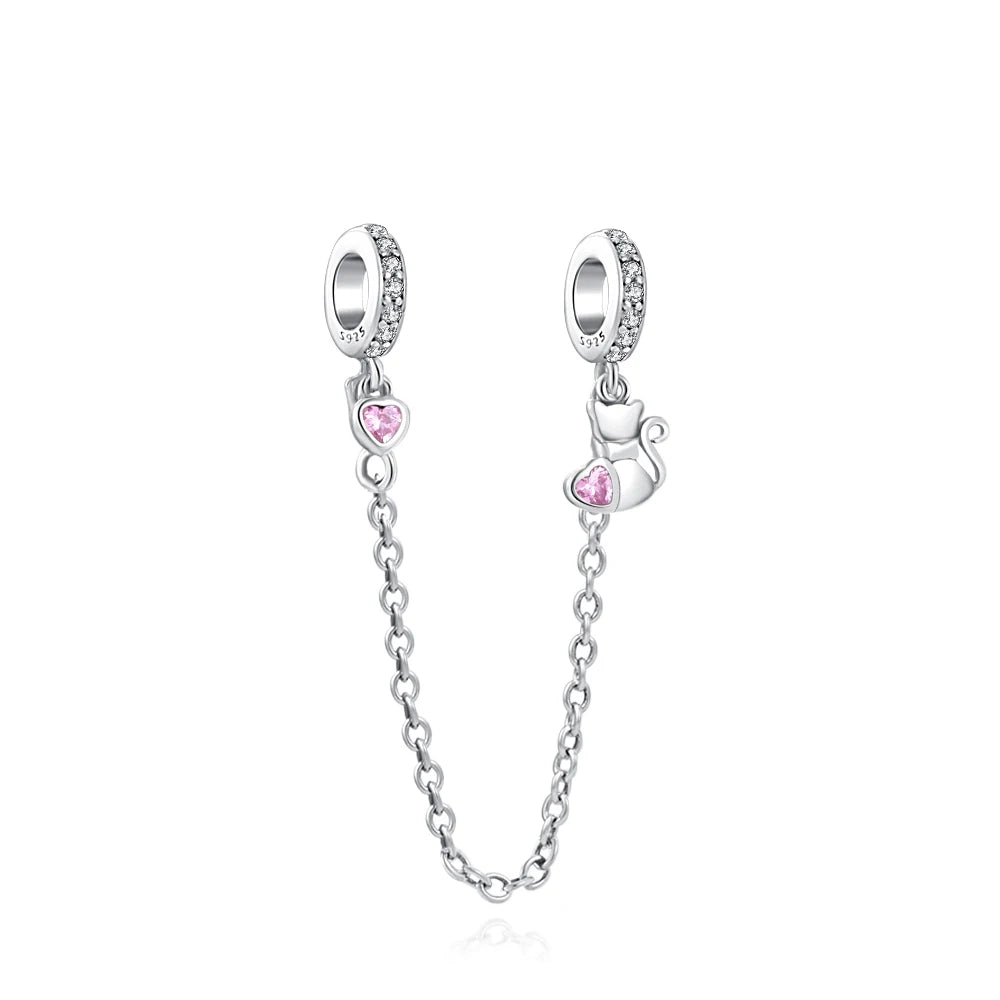 Cadena de seguridad plata 925 con charms mariposa, margarita, gato, oso y castillo – Compatible con pulsera Pandora mujer