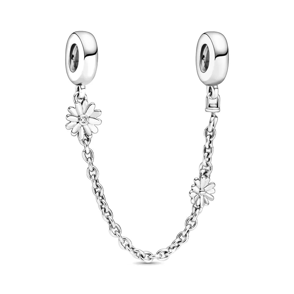 Cadena de seguridad plata 925 con charms mariposa, margarita, gato, oso y castillo – Compatible con pulsera Pandora mujer