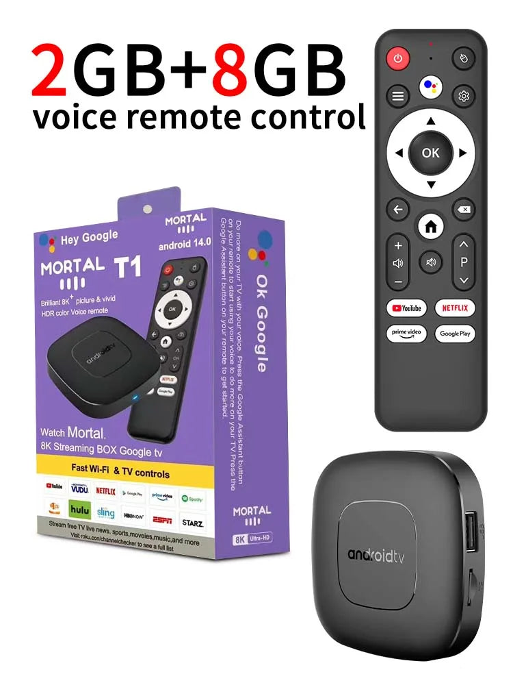 Mortal T1 Smart TV Box Android 14 WIFI6 4K HDR Bluetooth Home Theater con Control de Voz