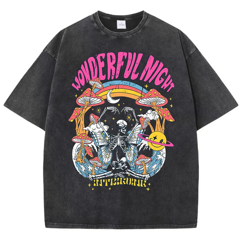 Camiseta Oversize Mujer Vintage | Estampado Esqueleto Mariposa Olas Streetwear
