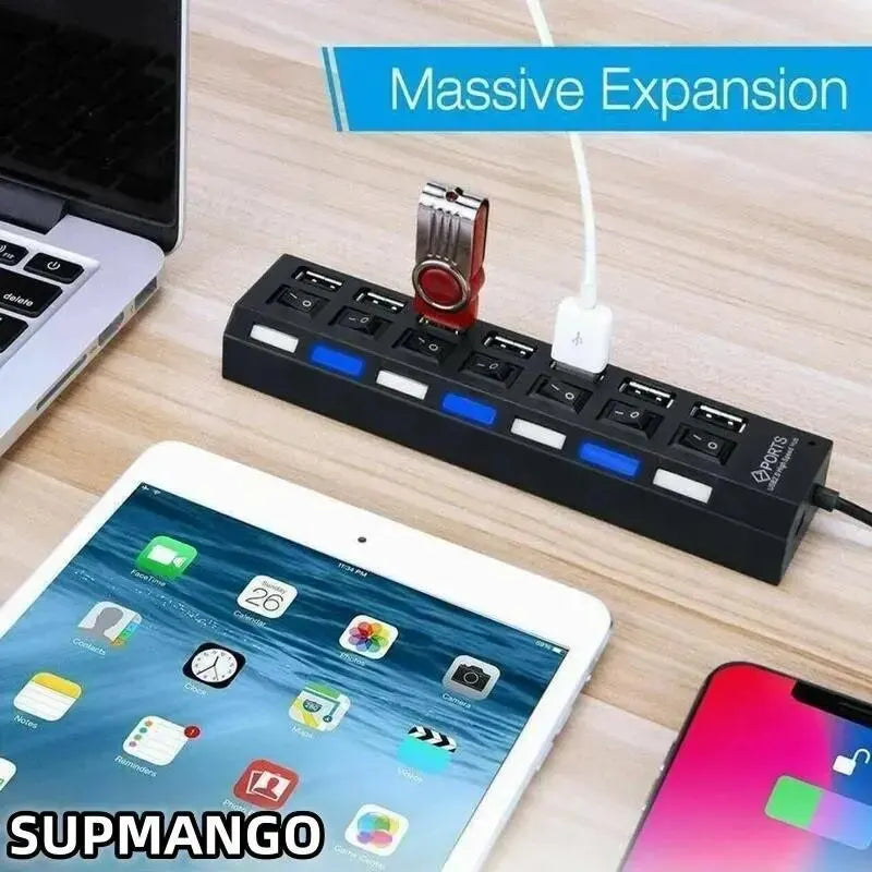 USB Hub 7 Puertos 2.0 – Adaptador Extensor de Datos para Laptop y PC