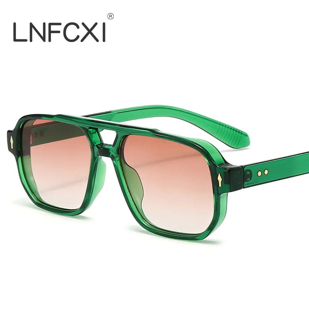 JNPCXI Gafas de Sol Vintage Hombre Doble Puente | Lentes Verdes UV400 Cuadradas con Detalles de Remaches